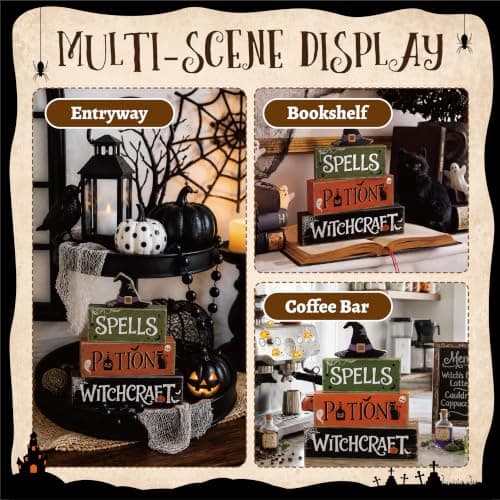 4 Pcs Hocus Pocus Decor, Vintage Halloween Decorations Indoor Table Sign | Halloween Kitchen Decor, Wooden Witch Hat Halloween Party Centerpieces, Tiered Tray Decor for Office Home Mantel Shelf view 4
