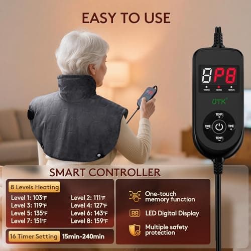 Far Infrared Heating Pad for Neck and Shoulders and Back - 6X Deeper Pain Relief, Graphene 30s Fast Heat, 8 Heat Setting, 16 Timer, Automatic Memory, Weighted Heating Pads Gift for Women&Men (Grey) view 4