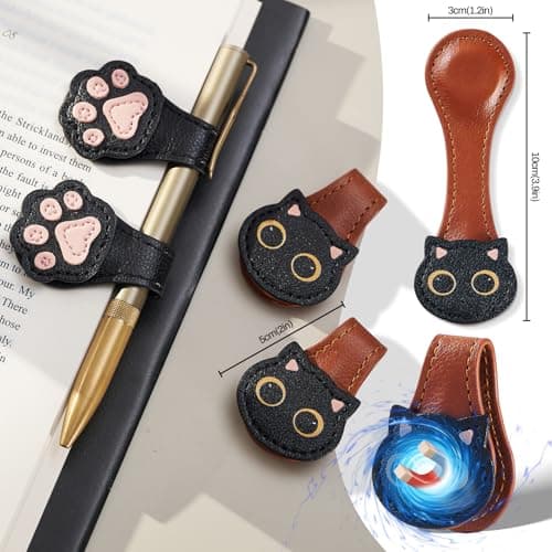 2Pcs Magnetic Leather Bookmarks with Gift Box Magnetic Pen Holder Book Marks Clip Gift for Book Lover Readers Men Women Teachers Students, Cat (Brown+Brown) view 3