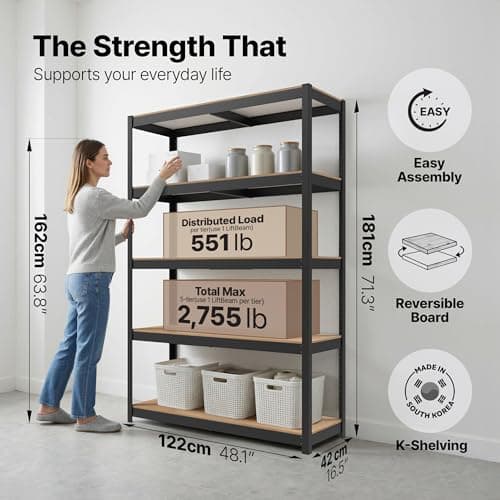HOMEDANT House 48.1" W 5 Tier Heavy Duty Garage Shelving Adjustable Metal Rack Storage Shelves Standing Shelf Unit Organizers Industrial Warehouse Basement Black 1Pack view 2