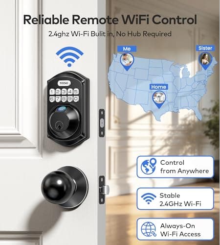 TEEHO TE012W-K WiFi Smart Keyless Entry Door Lock with Handle, Fingerprint Door Knob & Digital Keypad, APP Remote Control, Works with Alexa & Google, Electronic Deadbolt for Front Door, Matte Black view 2