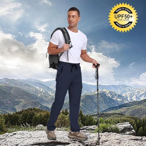 Men's Hiking Pants UPF 50+ Cargo Quick Dry Water Resistant Elastic Waist Zip Pockets Travel Work Lightweight Running view 3