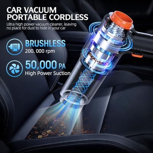 FAOGO Car Vacuum Portable Cordless, 50000Pa High Power Brushless Motor, Rechargeable Handheld Vacuum with 2 Batteries & Charger, 6-in-1 Vacuum Cleaners for Home, Pet Hair & Keyboard, Ink Black view 6