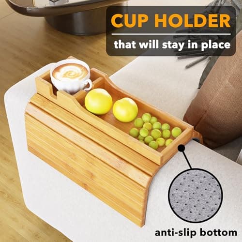 SpaceAid Bamboo Couch Cup Holder, Anti Falling Foldable Sofa Armrest Tray with Cup Holder, Couch Arm Side Table Organizer for Drink Cup Remote Snacks (Natural) view 3