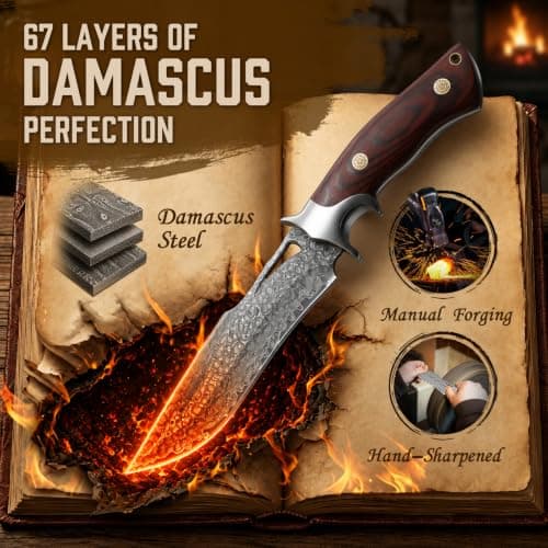 Purple Dragon Damascus Fixed Blade Knife with Sheath, Ideal Gift for Men | Hand-forged Full Tang Survival Knife with Rosewood Handle For Outdoor & Camping view 3