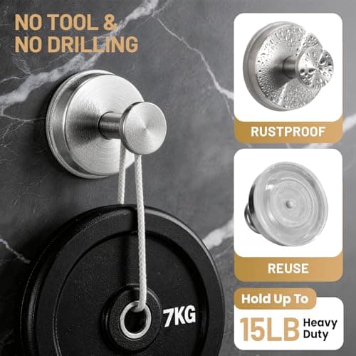Fenas Large Suction Cup Hooks, Heavy Duty 15lb Holds Towel & Robe, No-Drill Shower Bathroom Hooks for Tile Wall Glass Mirror, Mounts on Smooth Non-Porous Surfaces (2 Pack, Brushed Nickel) view 3