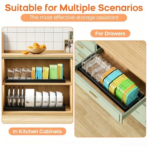 Nigelia Pots and Pans Organizer for Under Cabinet 22" Expandable Food Storage Container Lid Organizers with 10 Adjustable Dividers Pot and Pan Lid Holders Rack Inside Cabinet&Kitchen Countertop(Black) view 3