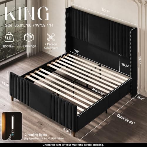 Belffin 59" Tall King Size Platform Bed Frame with 2 Touch Lights, Black | Nailhead Trim Velvet Upholstered Wingback Bed, Mid Century Modern, Solid Wood Legs, 2 Side Pockets, Easy Assembly, Noise Free view 2
