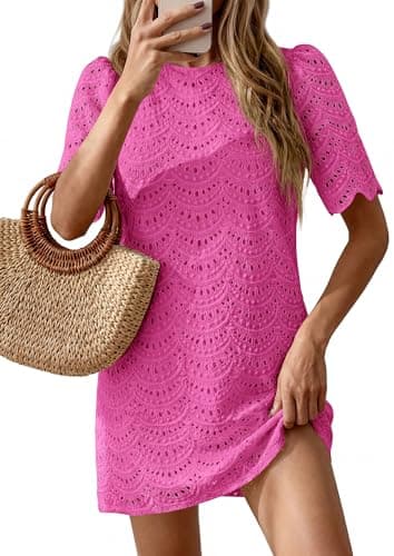 PRETTYGARDEN Women's 2026 Summer Casual Short Dresses Embroidered Lace Short Sleeve Boho Mini Dress Beach Vacation Clothes view 6