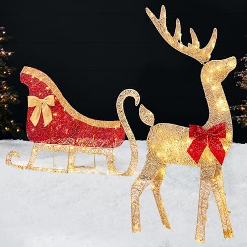 Best Choice Products 4ft Lighted 2D Reindeer & Sleigh Set, Christmas Holiday Deer & Sled Outdoor Yard Decoration w/ 140 LED Lights - Gold view 1