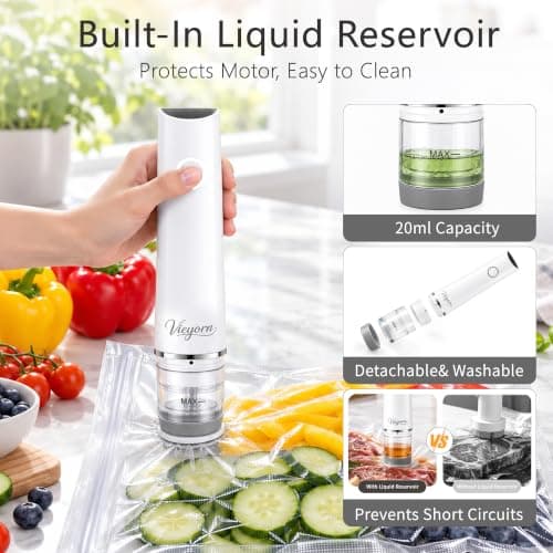 Vieyorn 60kPa Compact Food Vacuum Sealer Kit with 30 Reusable Bags-10S/M/L | WHITE Minimalist 60kPa Precision 8X Freshness USB Rechargeable Detachable Water Tank Portable for Meal Prep, Food Storage view 2