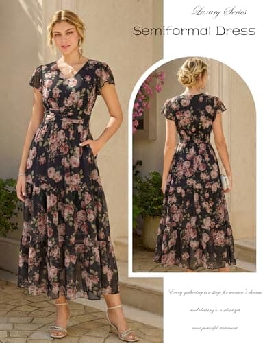 GRACE KARIN 2026 Women Summer Dress,Maxi Short Sleeve Floral Dresses,Semi Formal Flowy Wedding Guest Dress with Pocket view 3