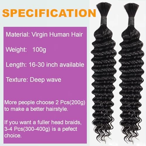 JCL Human Braiding Hair for Boho Braids 2 Bundles 100g 20 Inch Deep Wave Bulk No Weft 12A Brazilian Virgin Hair Extensions Real view 2