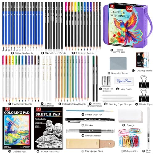 106 PCS Art Supplies Sketching Kit, Pro Drawing Pencils with 3-Color Sketchbook, Coloring Book, Colored Graphite Charcoal Watercolor & Metallic Pencils, Drawing Supplies Gifts for Artists Adults view 3