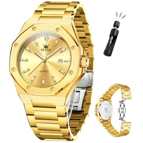 OLEVS Men Watch All Gold Stainless Steel Luxury Mens Dress Watch Minimalist Quartz Analog Large Face Luminous Watches for Men Relojes para Hombres