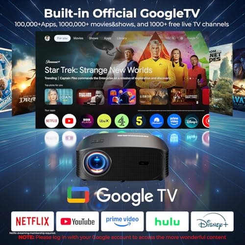 GOODEE Mini Projector [Official Licensed Google TV] Built-in Apps | 2000Lumens, Native 1080P Compatible with Netflix/YouTube/Prime Video, Support WiFi and Bluetooth, HDMI/Phone/Laptop view 2
