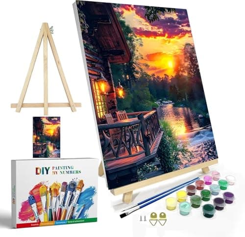 igoodom Framed Paint by Numbers Kit for Adults Beginner, Sunset House Easy Paint by Number Kits on Canvas with Easel, DIY Adults' Paint-by-Number Kits for Gift Home Wall Decor 8x12inch — image 1