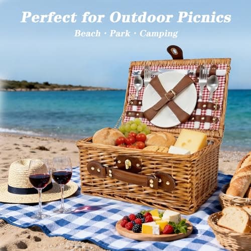 Picnic Basket for 2 - Picnic Basket with Cutlery Kit and Glasses, Insulated Picnic Set with Waterproof Liner, Portable Wicker Picnic Baskets with Lid and Handle for Outdoor, Picnic, Camping, Holidays view 6