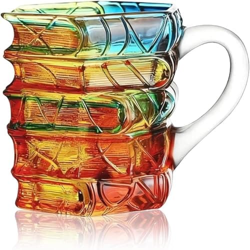 ZAGEVIVIN Handpainted Glass Book Stack Mug, 7/14oz, Literary Design Coffee Tea Cup for Readers and Writers (Small-Color Swirl)