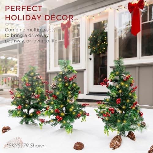 Best Choice Products Set of 2 24.5in Outdoor Flocked Scotch Pine Pathway Christmas Trees, Battery Operated Pre-Lit Holiday Décor w/LED Lights view 3