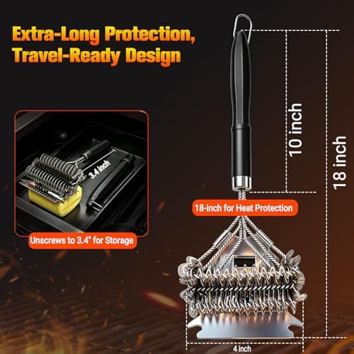 Professional 3-in-1 Grill Brush and Scraper with Safety Second Sweep Sponges - 18" Detachable Long Handle BBQ Cleaner for Heavy Duty Grime - Ideal Father's Day Grilling Gift for Men (Black) view 2