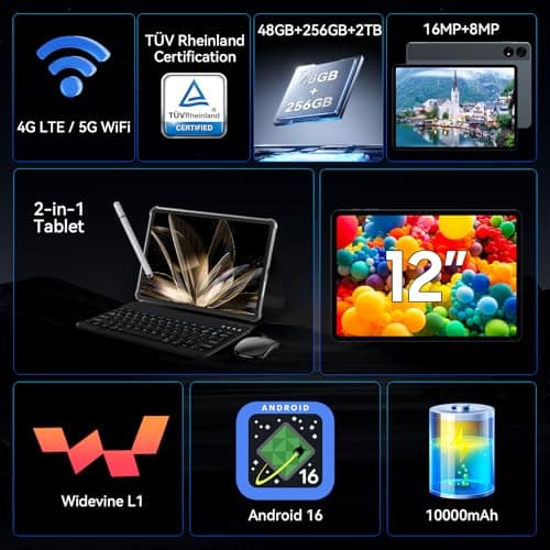 2026 Upgraded 12.2 inch Tablet, Android 16 Tablet with Keyboard, 2.5K QHD Display for High-Res Gaming/Art/Productivity, Up to 48GB+256GB+2TB TF,Octa-Core/10000mAh/Widevine L1/GMS/GPS/4-year Warranty view 6