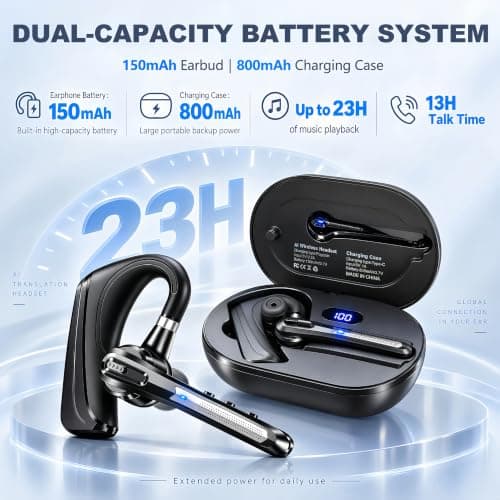 Bluetooth Headset for Work Calls & Live Streams, AI Translator Earbuds | 122H Playtime, 800mAh Charging Case, Hands-Free Phone Call Translation Wireless Earpiece with Mic for Driving Trucker Office view 6