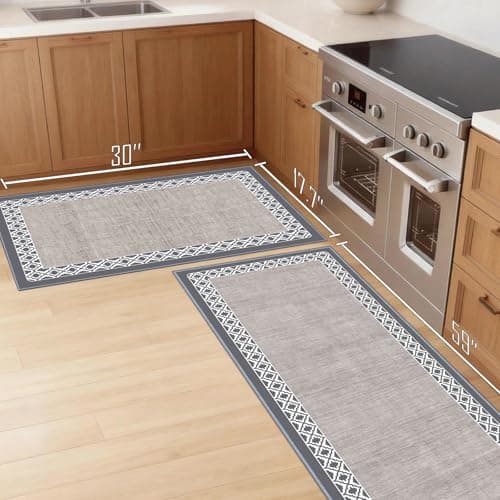 SAIKOOWA Kitchen Mats for Floor,Kitchen Rugs Mat Non Slip Washable Set of 2 PCS, Absorbent Runner Rugs for Kitchen, Front of Sink, 17.3"x 59"+17.3"x 30" Beige Gray view 2
