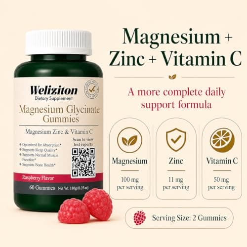 Weliziton Magnesium Glycinate Gummies 100mg -Magnesium Gummies for Adults with Zinc & Vitamin C, Gentle on Stomach, Sleep, Calm & Muscle Support, Sugar-Free Raspberry Flavor, 60 Count (30-Day Supply) view 3