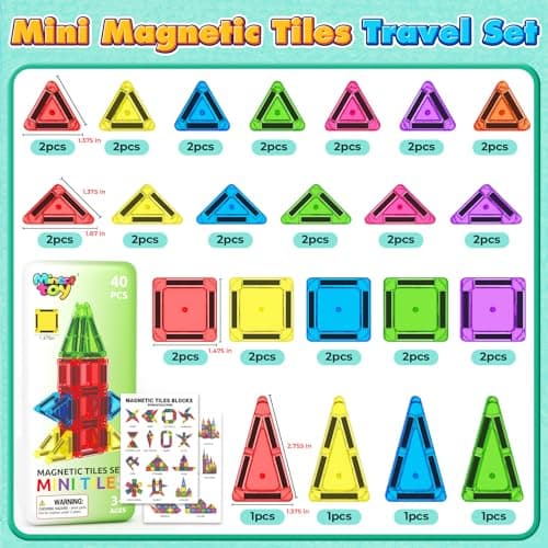 40PCS Mini Magnetic Tiles Toddler Travel Essentials Toys with Case Set, Magnetic Building Blocks Kids Games, Montessori Preschool Education Sensory Toys for 3 4 5 Year Old Boys Girls Birthday Gifts view 3
