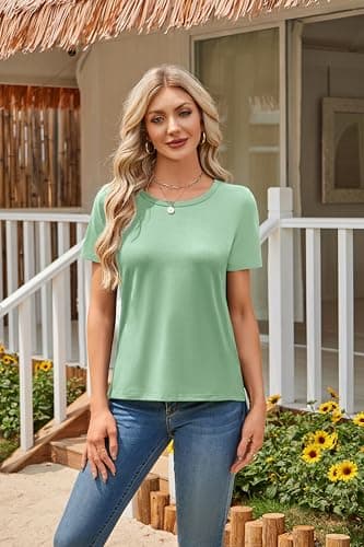 Herou Summer Women Casual Short Sleeve Tops T-Shirts Tees with Side Split view 2