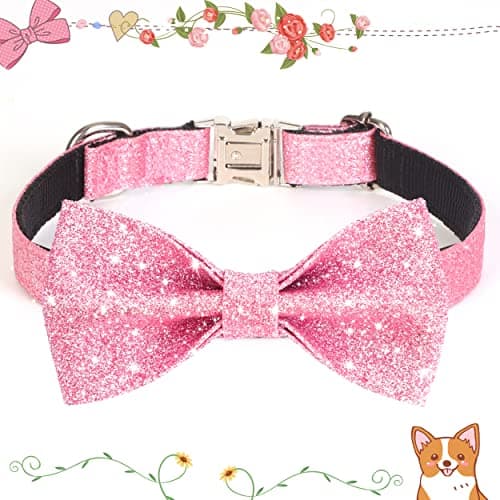 Jumpress Bling Dog Bow Tie Collar for Puppy Small Medium Dogs, Cute Pink Girl Dog Collar with Bow for Daily Walking or Holiday Party (Neck fit 11-16’’) view 2