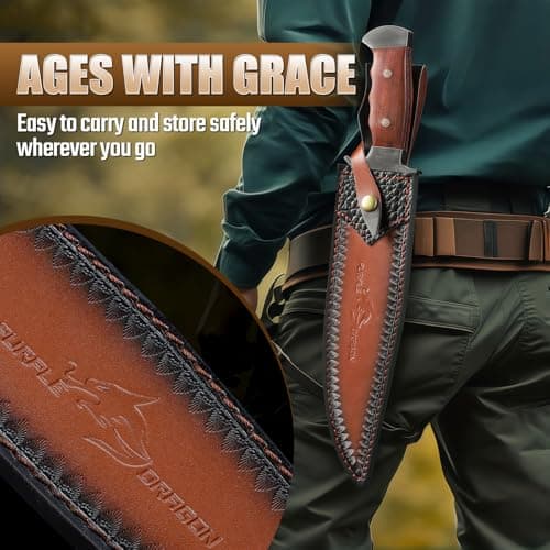 Purple Dragon Bowie Knife 10.63" - Fixed Blade Survival Knife with Wood Handle, Heavy Duty Hunting Knives with Artisan Leather Sheath & Gift Box for Men Outdoors view 6