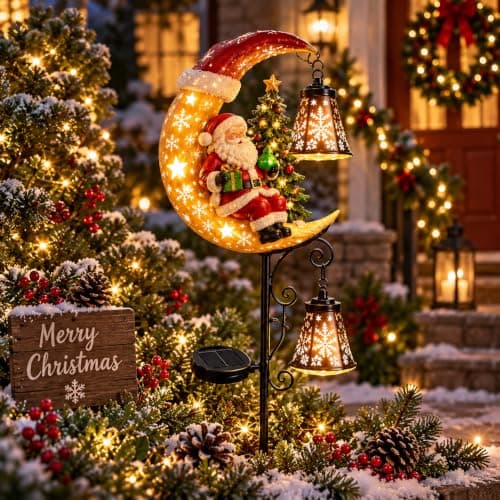 Solar Christmas Moon Snowman Lamp Post, Outdoor LED Yard Decoration view 5