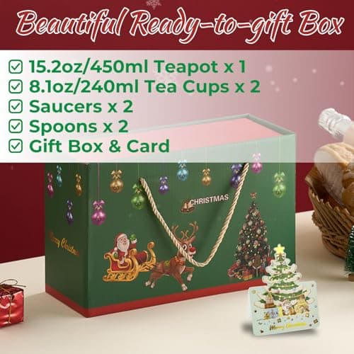 Christmas Tea Set with Removable Infuser, Atarvana Ceramic Tea Set with 1pcs 450ml Teapot, 2pcs 240ml Tea Cups and Saucers, 2pcs Spoons with Gift Box for Family and Kids Christmas Gift view 4