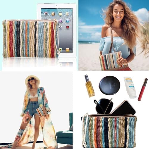 Abuyall straw crossbody clutch Bag Summer Beach Stripe Purse Women Woven Zipper Wristlet Wallets view 5