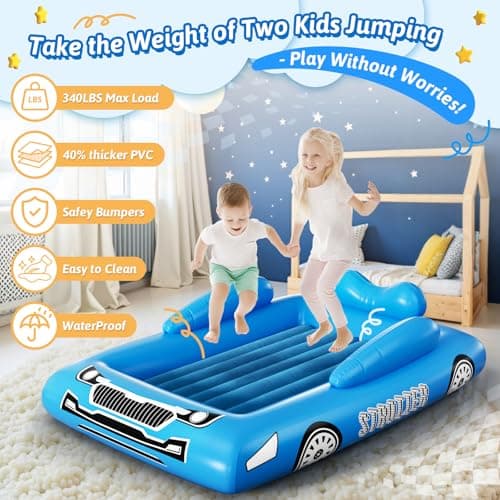 Inflatable Toddler Travel Bed with Tent – Foldable Portable Toddler Bed Cot - Blow Up Kids Air Mattress with Safety Bumper, Pump Carry Bag – Indoor Outdoor Nap Bed for Home, Camping, Hotel (Blue Car) view 5