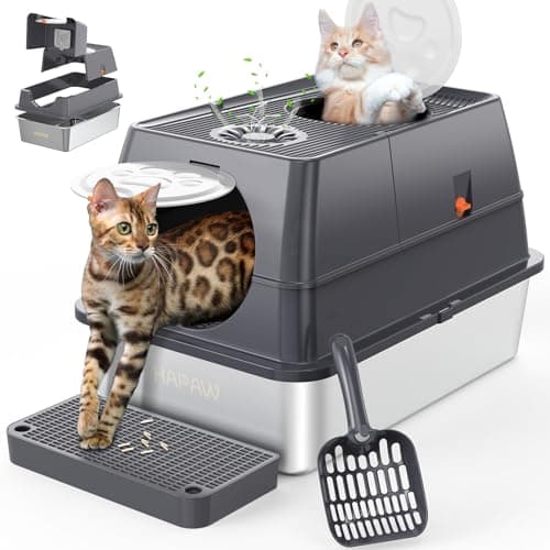 HAPAW 135° Flip-Top Stainless Steel Litter Box with Lid, Extra Large Enclosed Cat Litter Box, Metal Litter Pan with Front & Top Entry, Odor Control, Scoop & Filter Pedal view 1