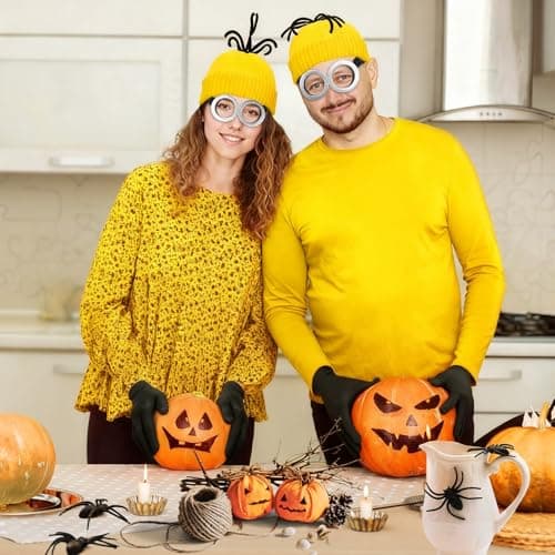 Aursy 3/4/6PCS Halloween Costumes for Men Women Adults, Yellow Beanie, Steampunk Goggles, Black Gloves,Party Cosplay view 6