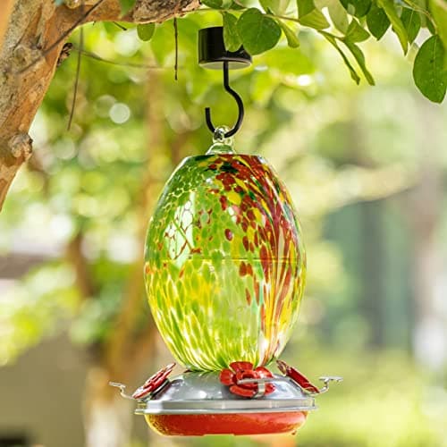 Muse Garden Glass Humming Bird Feeders for Outdoors - 27OZ Blown Glass Hummingbird Feeder - Unique Gift Mom Women Grandparents, Outdoors Hanging Garden Decor, Ant Moat & Brush, Green Floral view 2