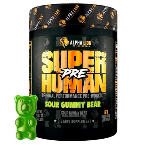 ALPHA LION Superhuman Pre Workout Powder, Beta Alanine, L-Taurine & Tri-Source Caffeine for Sustained Energy & Focus, Nitric Oxide & Citrulline for Pump (21 Servings, Sour Gummy Bear Flavor)
