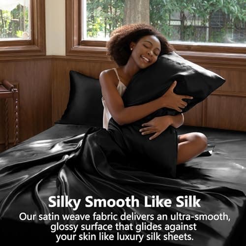 CozyLux Satin Sheets King Size Sheet Set - 4 Piece Silky King Sheets, Luxury Black King Bed Set with Smooth and Soft Microfiber, Includes 1 Fitted Sheet, 1 Flat Sheet and 2 Pillowcases view 4