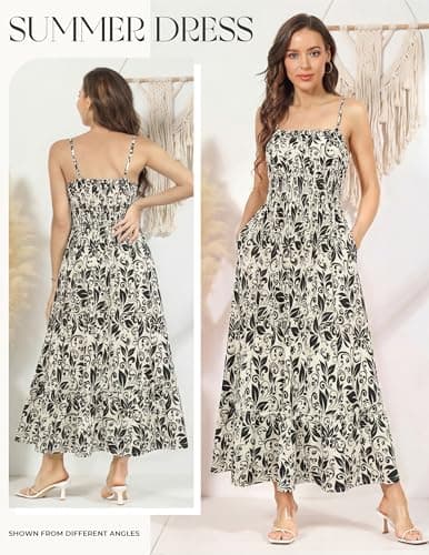 GRACE KARIN Summer Dresses for Women 2026 Vacation,Smocked Floral Maxi Dress,Boho Beach Sundress with Pocket Fashion Clothing view 3