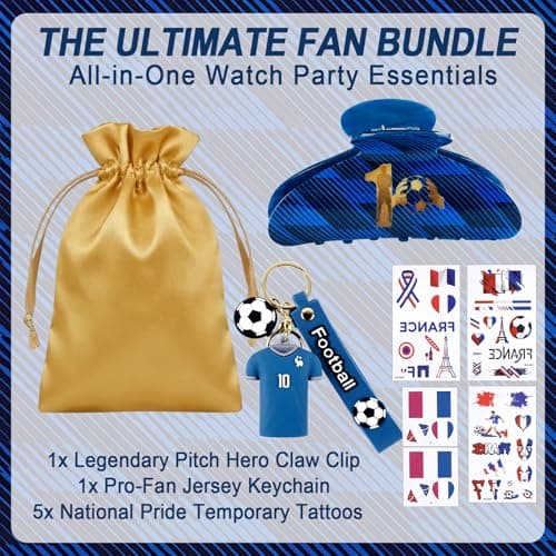 ANFONG World Cup Merch Gifts Set: Midnight Navy No.10 Pattern Hair Clip, World Cup Jersey Keychain & France Flag Tattoos, Soccer Fan Accessories for Women, World Cup Party Favors & Game Day Outfit view 2