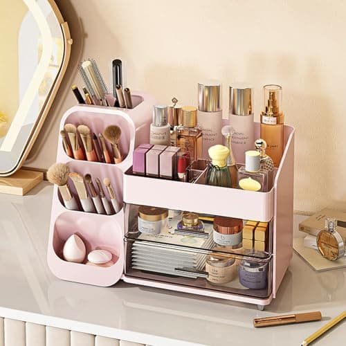 Makeup Organizer Countertop, Spacious Cosmetic Display Case with Makeup Brush Holder, Perfect Vanity Bathroom Organizer and Storage, Pink view 6