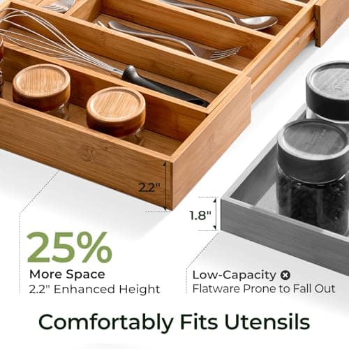 keechee Carbonized Bamboo Kitchen Drawer Organizer, 10 Slots Expandable Silverware Organizer, Utensil Holder & Cutlery Tray, 2.2" Deep for Extra Capacity, Non-Slip Feet Included view 3