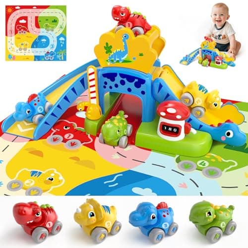 Toddler Toys for 1 Year Old Boy Gifts - Educational Dinosaur Slide Set with 4 Color/Number Push Cars and Playmat, Montessori Learning Toy for Baby 12-18 Months, 1st Birthday Present Ages 1-1.5, Yellow