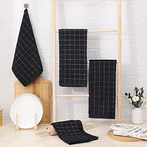 Homaxy 100% Cotton Terry Kitchen Towels(Black, 13 x 28 inches), Checkered Designed, Soft and Super Absorbent Dish Towels, 4 Pack view 2