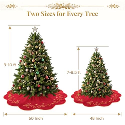 VOXOR 48 Inch Christmas Tree Skirt, Large Red Velvet Tree Skirt with Gold Embroidery, Vintage Tree Skirts with Hook and Loop Closure for 7 & 7.5 & 8 Feet Trees, Xmas Decorations for Home Living Room view 2