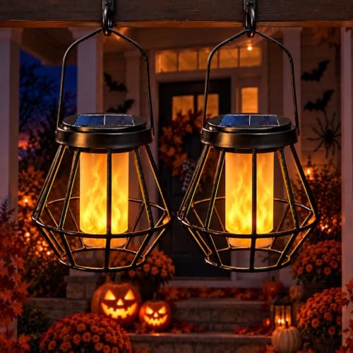 Solar Lantern Outdoor Lights for Halloween 2 Pack, Flickering Flame Waterproof solar powered Hanging light with Auto On/Off, Patio, Garden & Halloween Decor — image 1